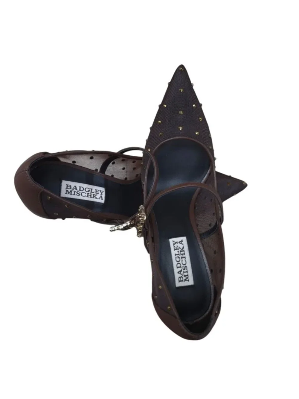 Badgley Mischka Womens Brown Mesh Studded Pumps Size 6 Mary Jane New Box.